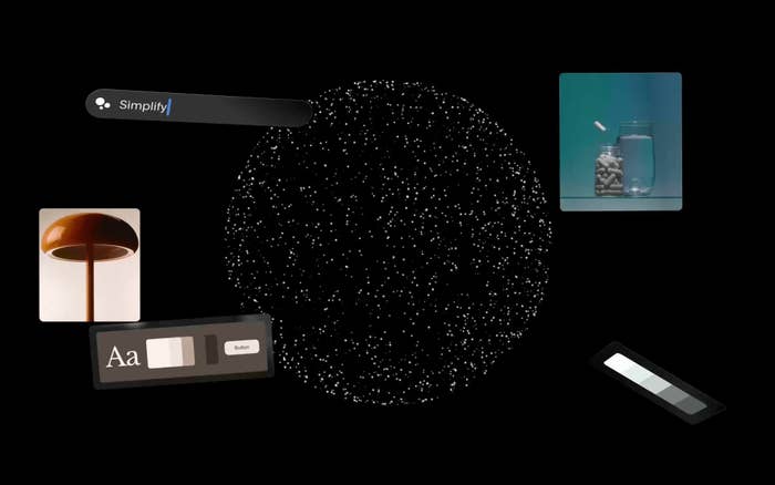 Abstract image with scattered elements including a lamp, jar of coins, color sliders, and "Simplify" text, all centered around a starry sphere