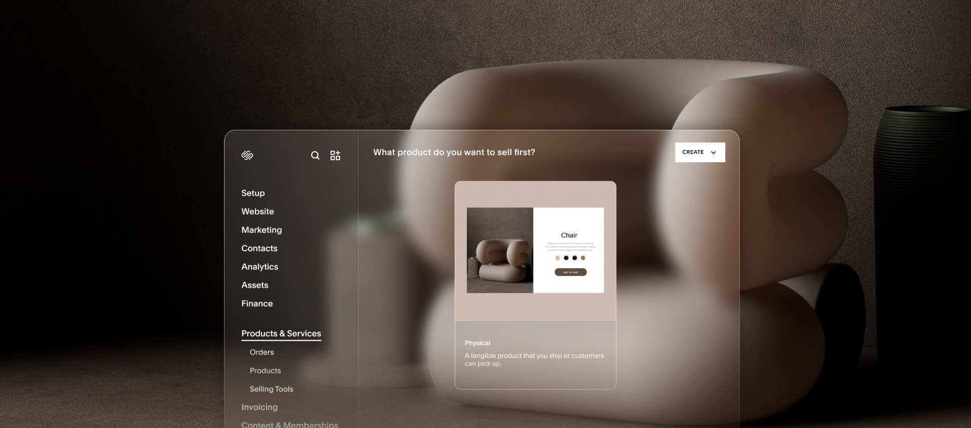 A digital interface showing a chair design with menu options like Setup, Websites, Marketing, and more on the side
