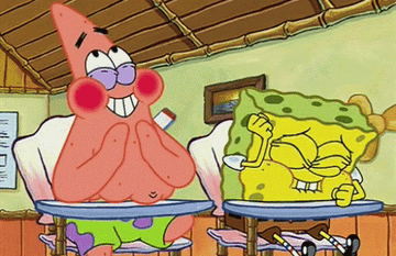 Patrick Star and SpongeBob SquarePants sit at desks in a classroom, laughing and looking amused