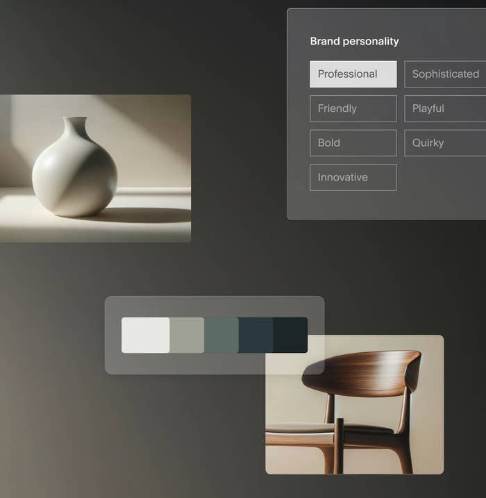 A white vase and wooden chair are paired with a brand personality chart showing traits like professional, sophisticated, and playful