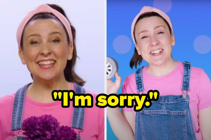 Person with a ponytail, wearing a headband and overalls over a shirt, smiles with an &ldquo;I&rsquo;m sorry&rdquo; text overlay