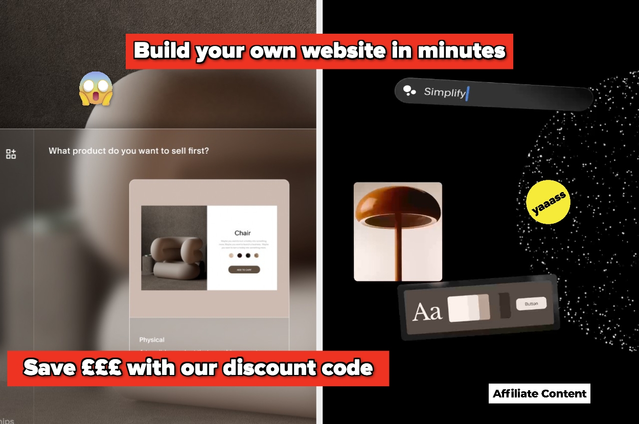 Split image: left shows a website design tool, right shows lamp and text, with captions: "Build your own website in minutes" and "Save £££ with our discount code."