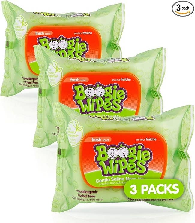 Three packs of Boogie Wipes, gentle saline chemoreceptor wipes, are shown. They are hypoallergenic and alcohol-free, perfect for delicate skin