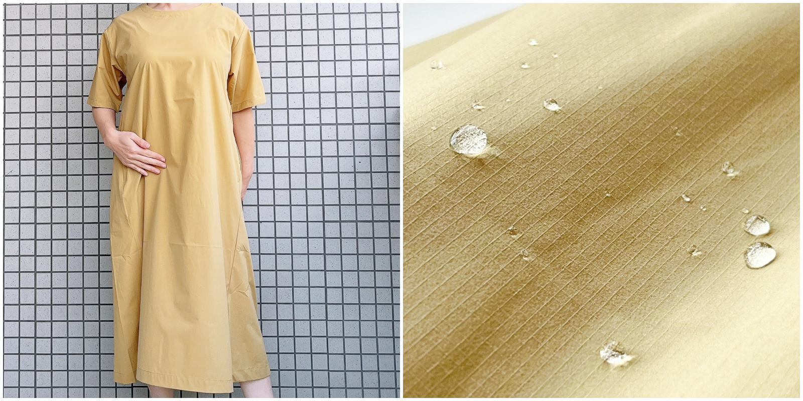 防水素材のシンプルなデザインのワンピースを着た人と生地の撥水性を示す水滴。