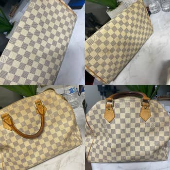 Four images of a checkered decorator  handbag with leather handles, shown from antithetic  angles connected  a marble surface