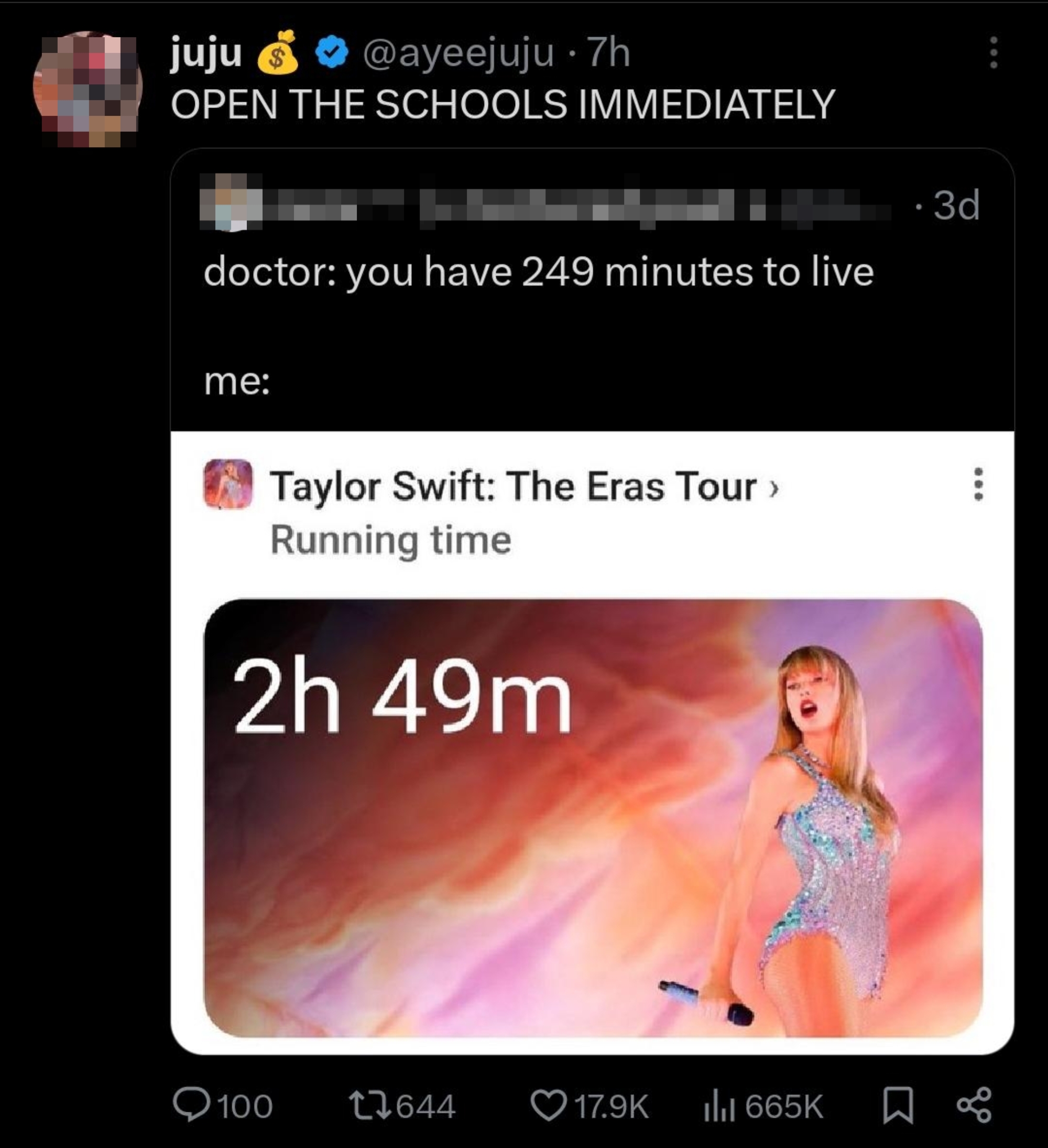 Screenshot of a tweet jokingly comparing a 249-minute lifespan notification to the running time of "Taylor Swift: The Eras Tour."