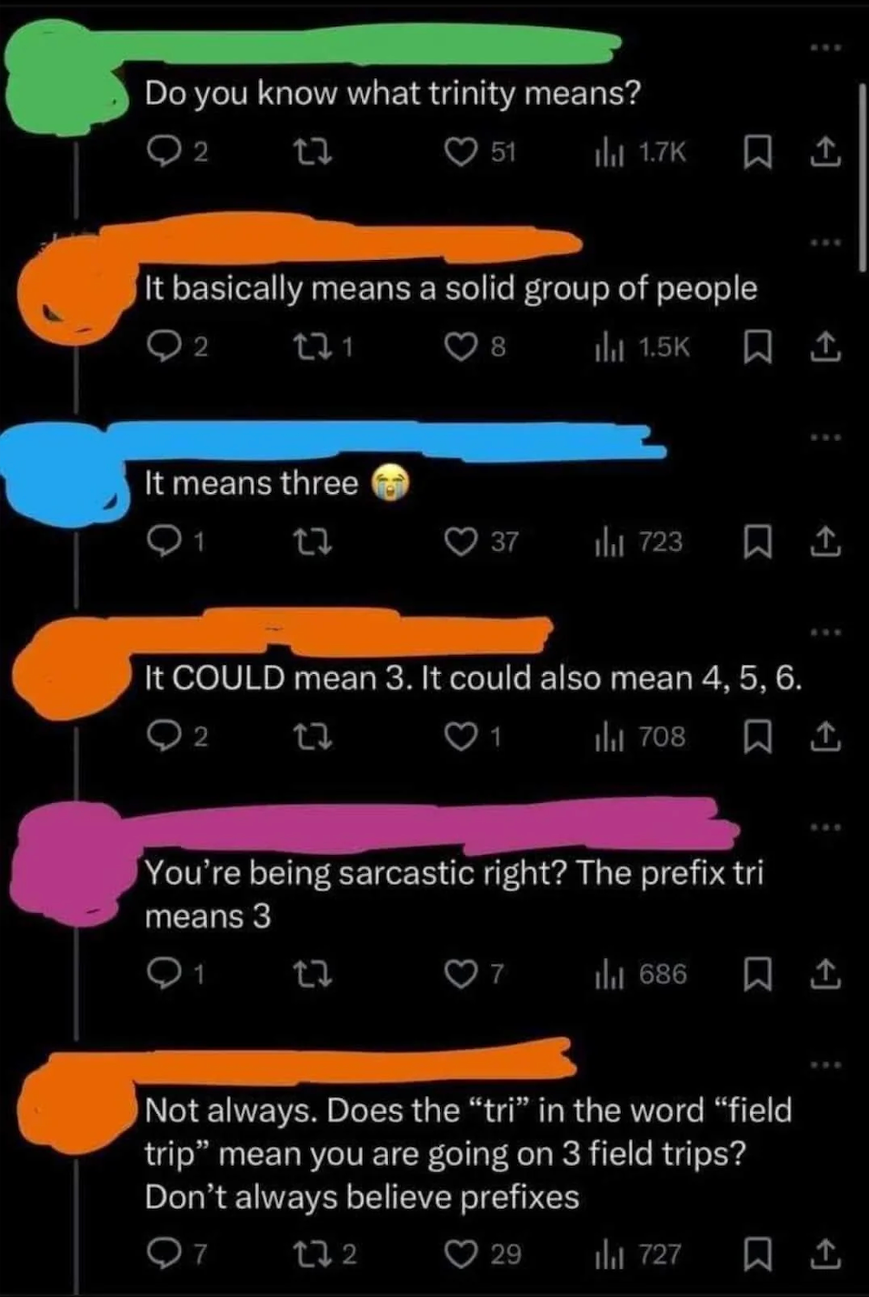 Social media conversation humorously debating the meanings of "trinity" and the prefix "tri," ranging from a group of people to numbers