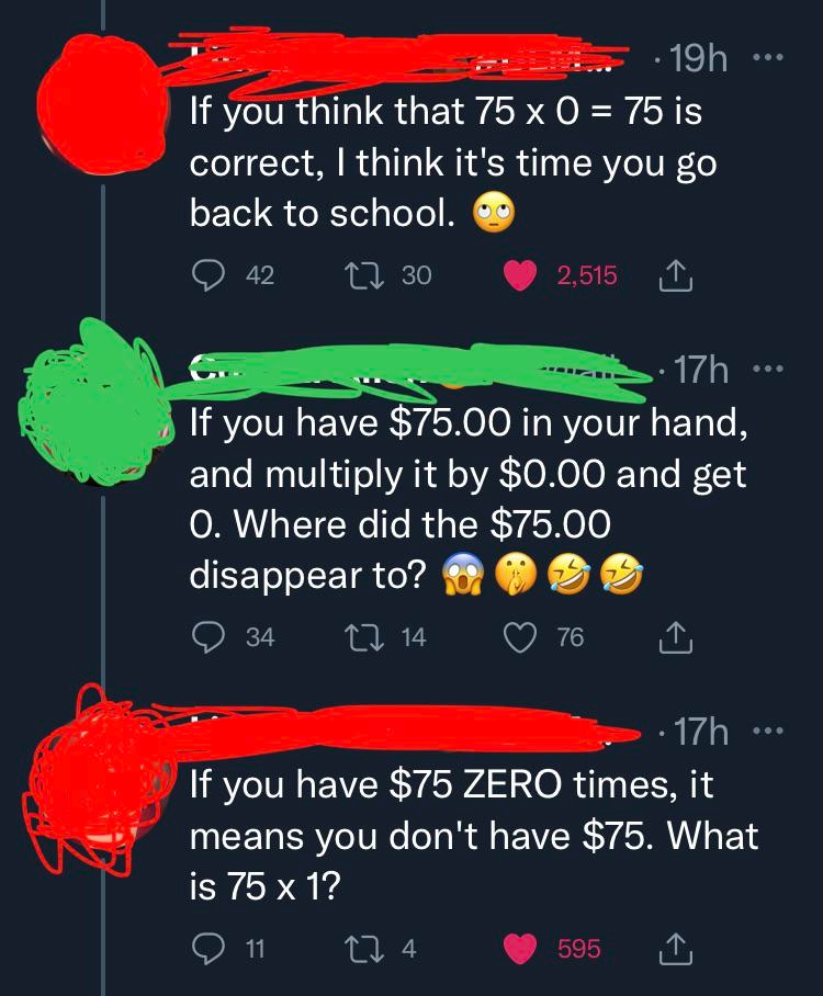 Three social media posts humorously debate math misconceptions about multiplying by zero, questioning where the number goes