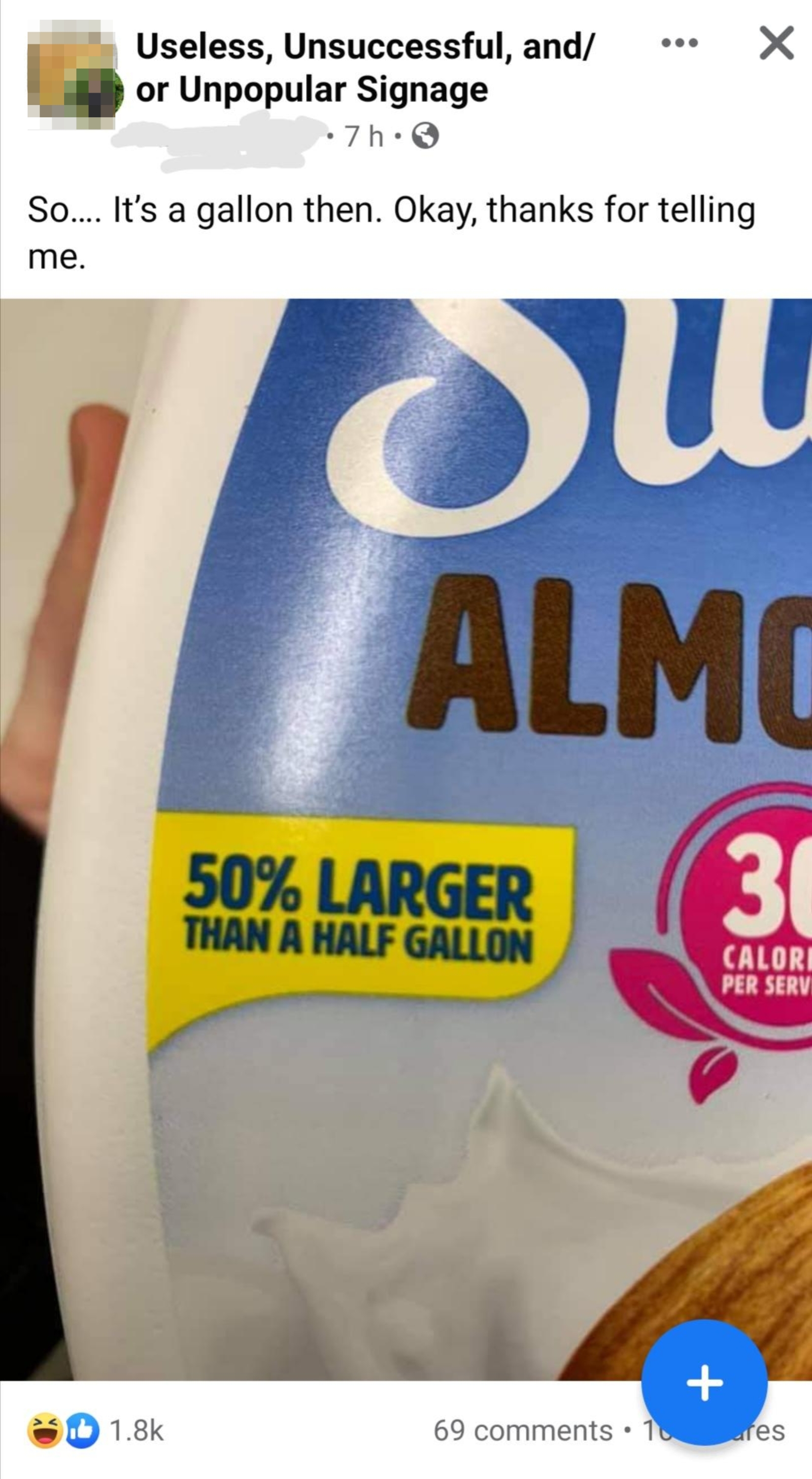 Label on a milk container reads, "50% larger than a half gallon," with an amused social media caption highlighting the statement's redundancy