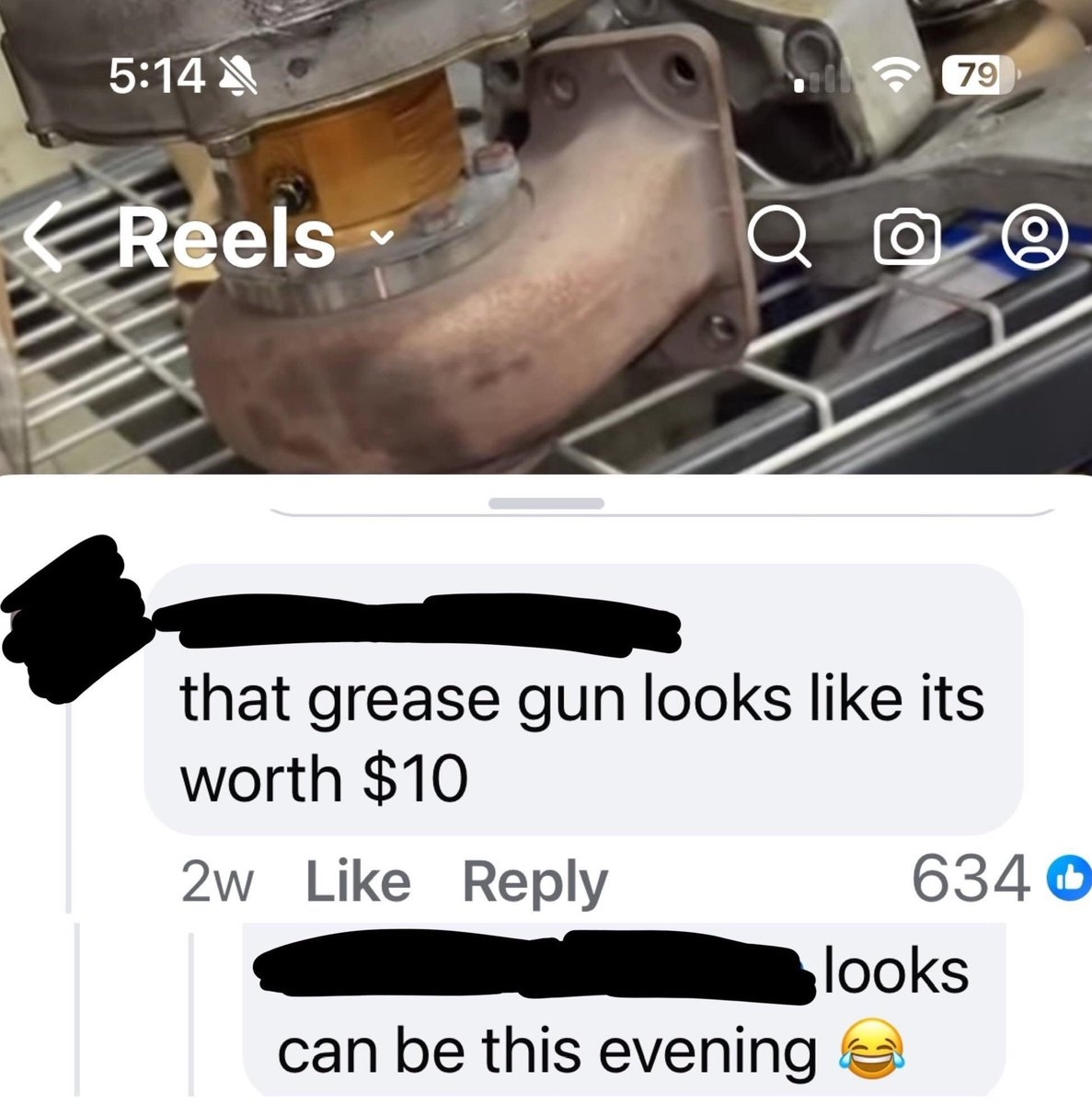 Screenshot of a social media comment joking that a grease gun looks like it's worth $10, with a laughing emoji reaction