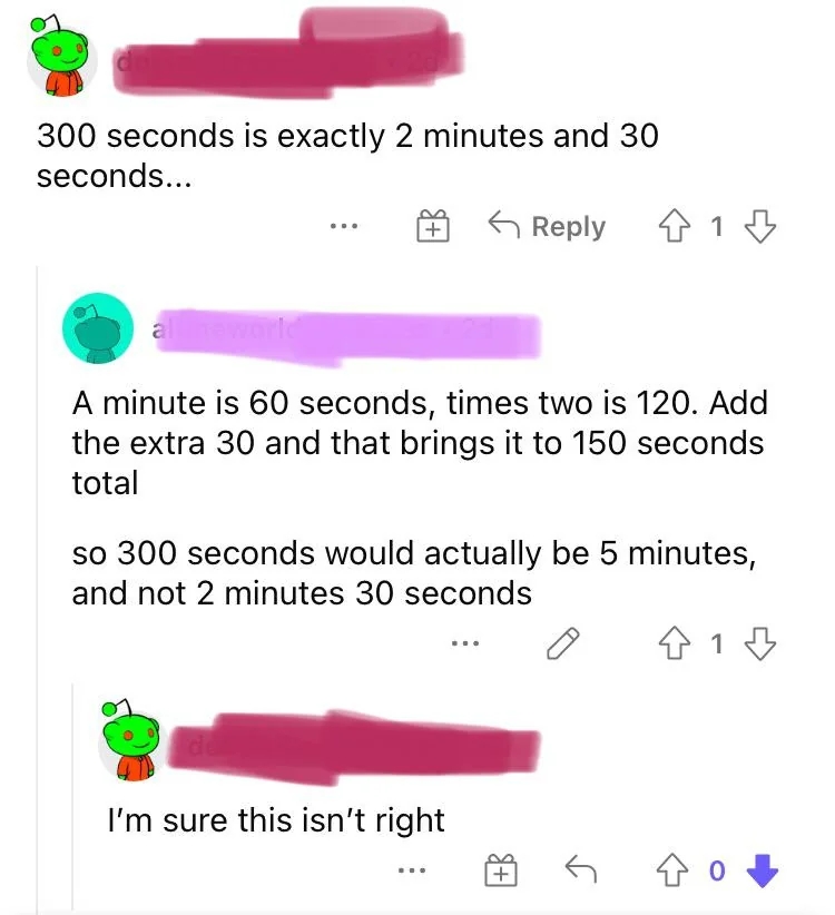 A person incorrectly states 300 seconds equals 2 minutes 30 seconds; someone corrects them, explaining it's actually 5 minutes