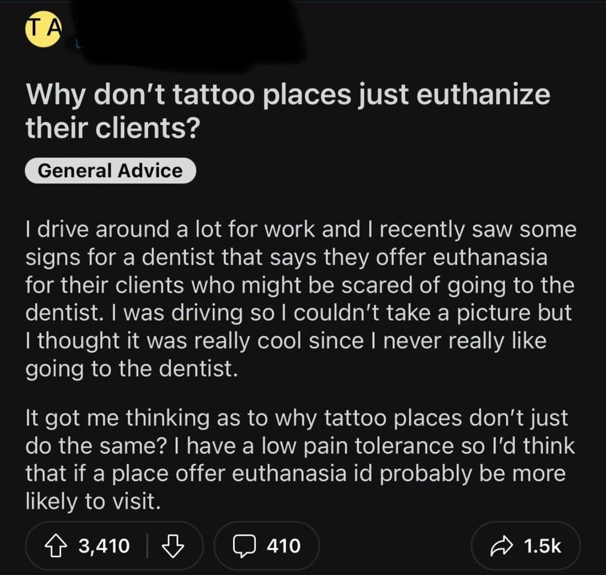 Summary of a social media post: The user discusses passing a dentist offering euthanasia for scared patients, humorously questioning why tattoo parlors don't do the same