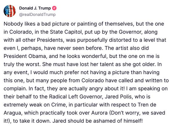 Summary of text: The image is a social media post criticizing a poor portrait in the Colorado State Capitol, blaming Governor Jared Polis and contrasting it with President Obama’s portrait