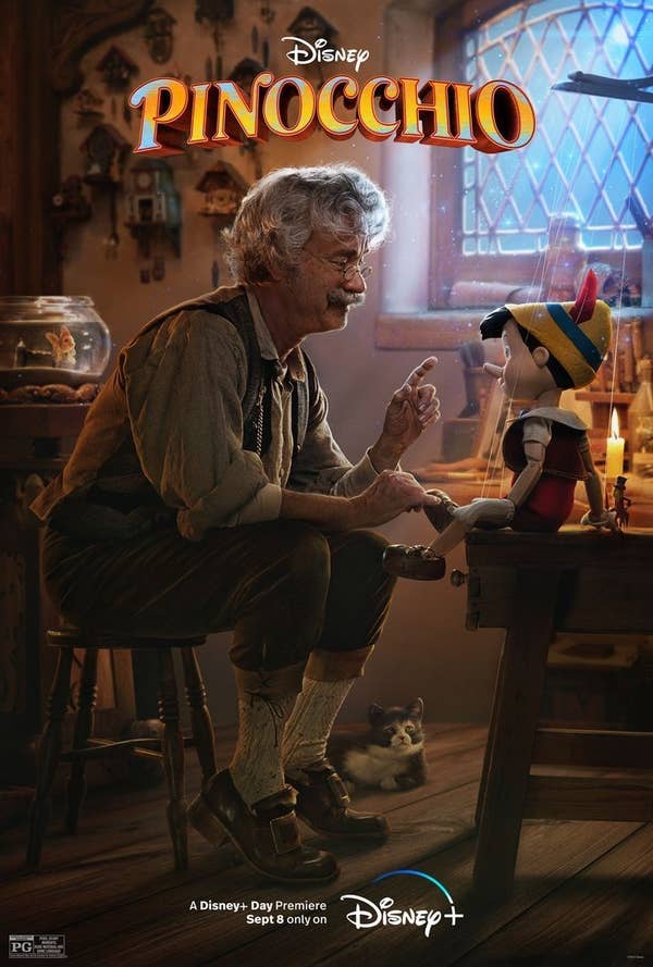Cartel de &quot;Pinocho&quot; de Disney con Geppetto y Pinocho en un taller, ambientado en un entorno cálido y acogedor. Estreno exclusivo en Disney+