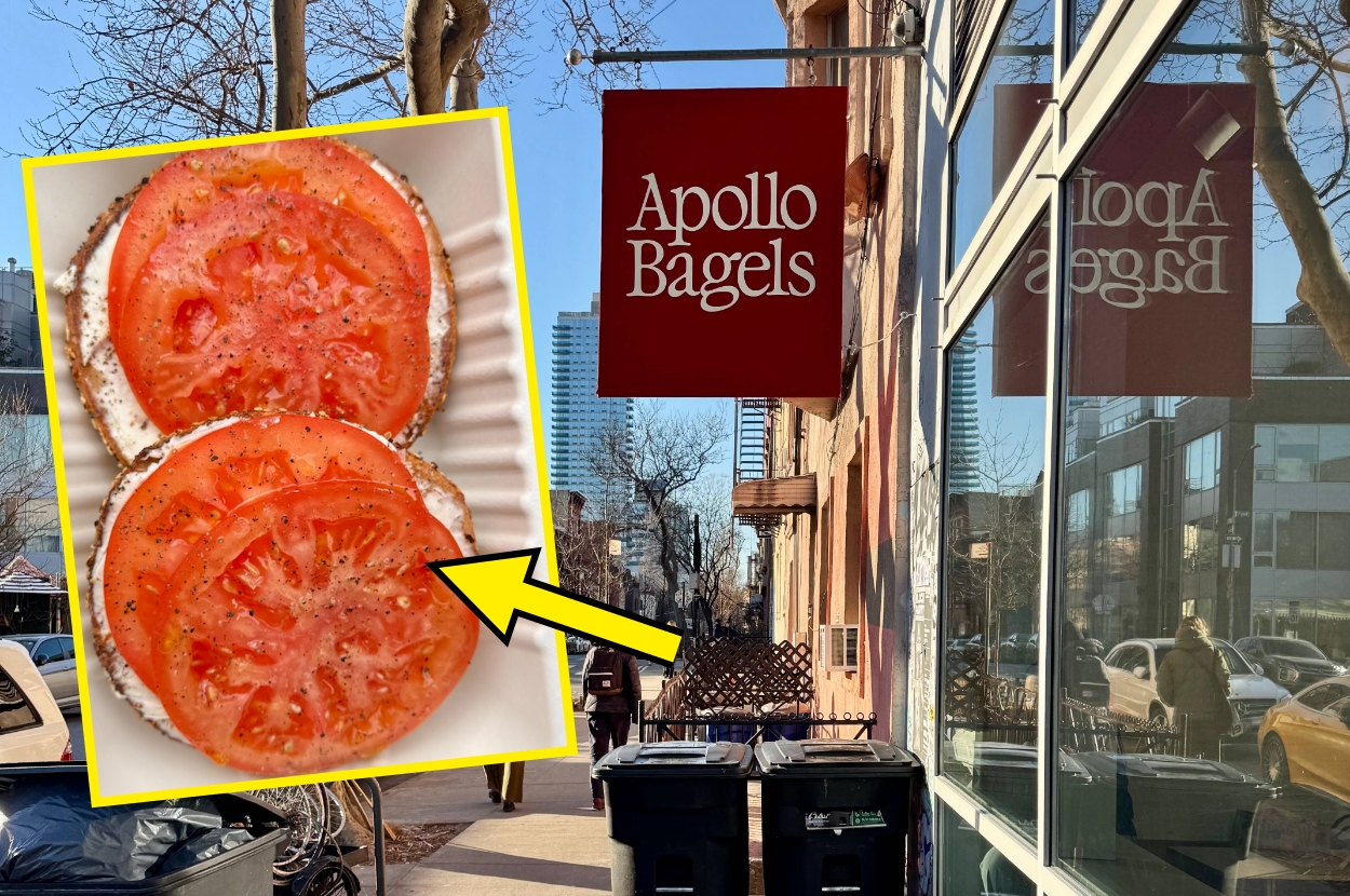 Street view of Apollo Bagels sign with inset showing bagel topped with tomato slices. Arrow points from the inset to the sign