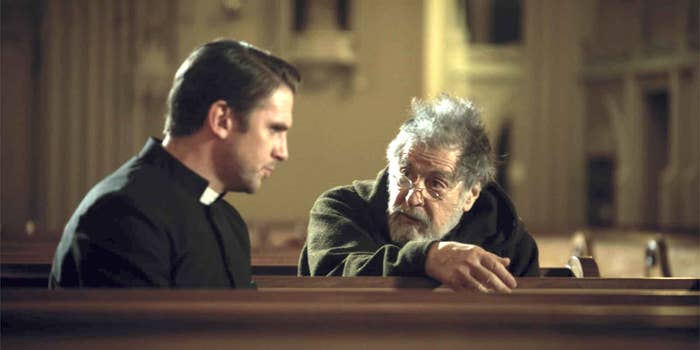 A priest and an older man in a church pew engage in a deep conversation, set in a serene church environment