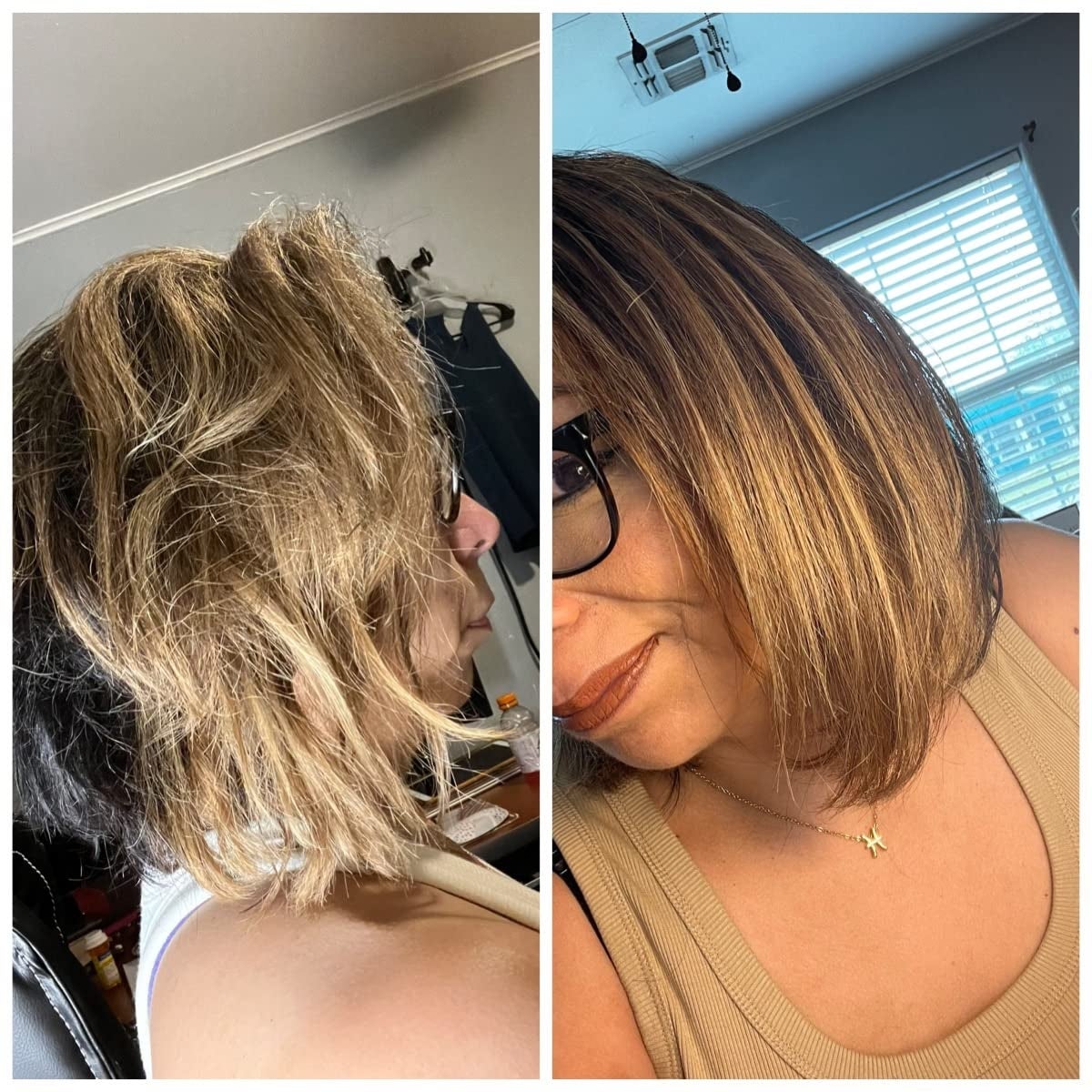 Before and aft  images of reviewer utilizing Amika hairsbreadth  mask
