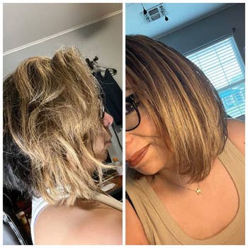 Before and aft images of reviewer utilizing Amika hairsbreadth mask
