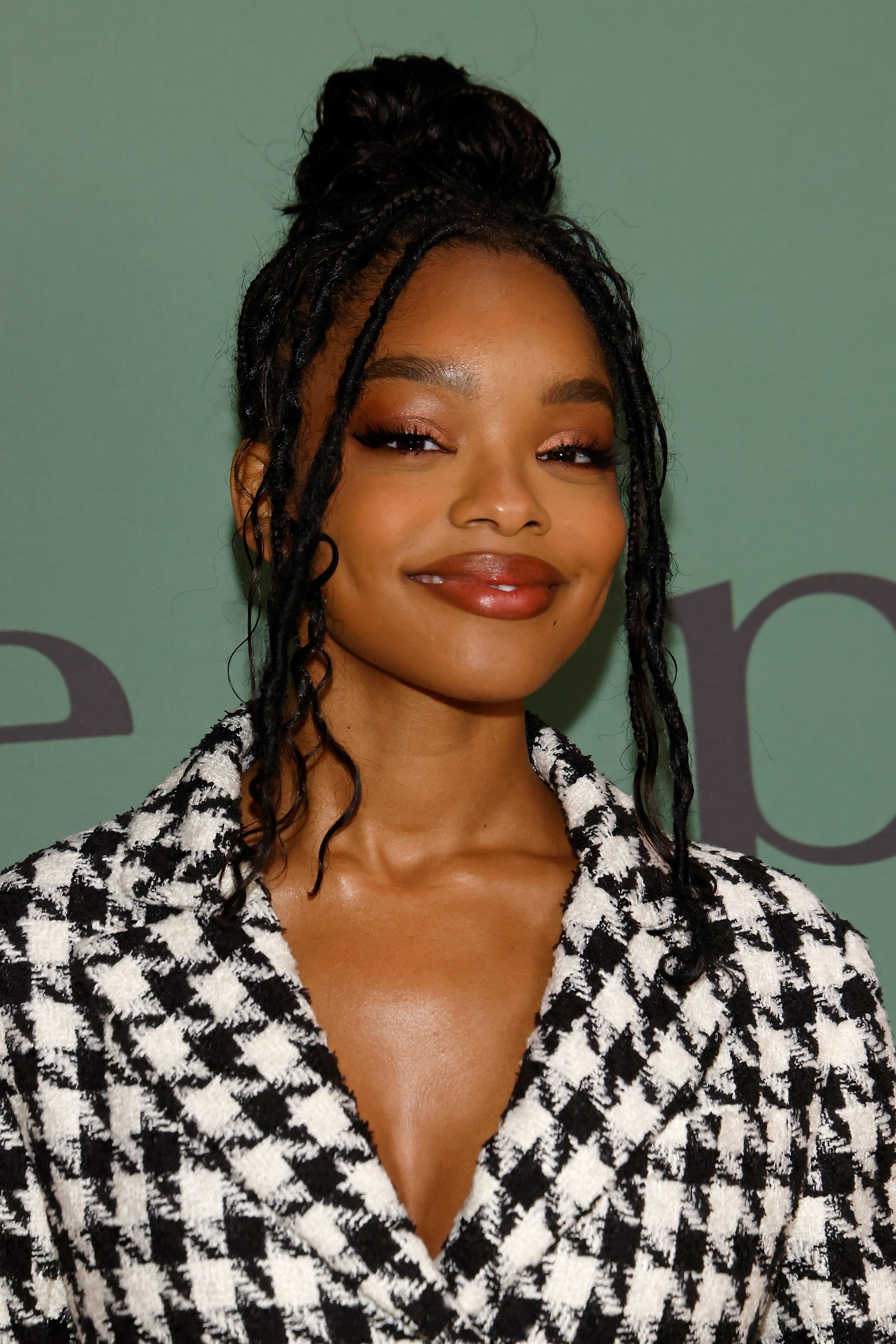Person in a houndstooth pattern blazer at a formal event, hair styled in a top bun with braids