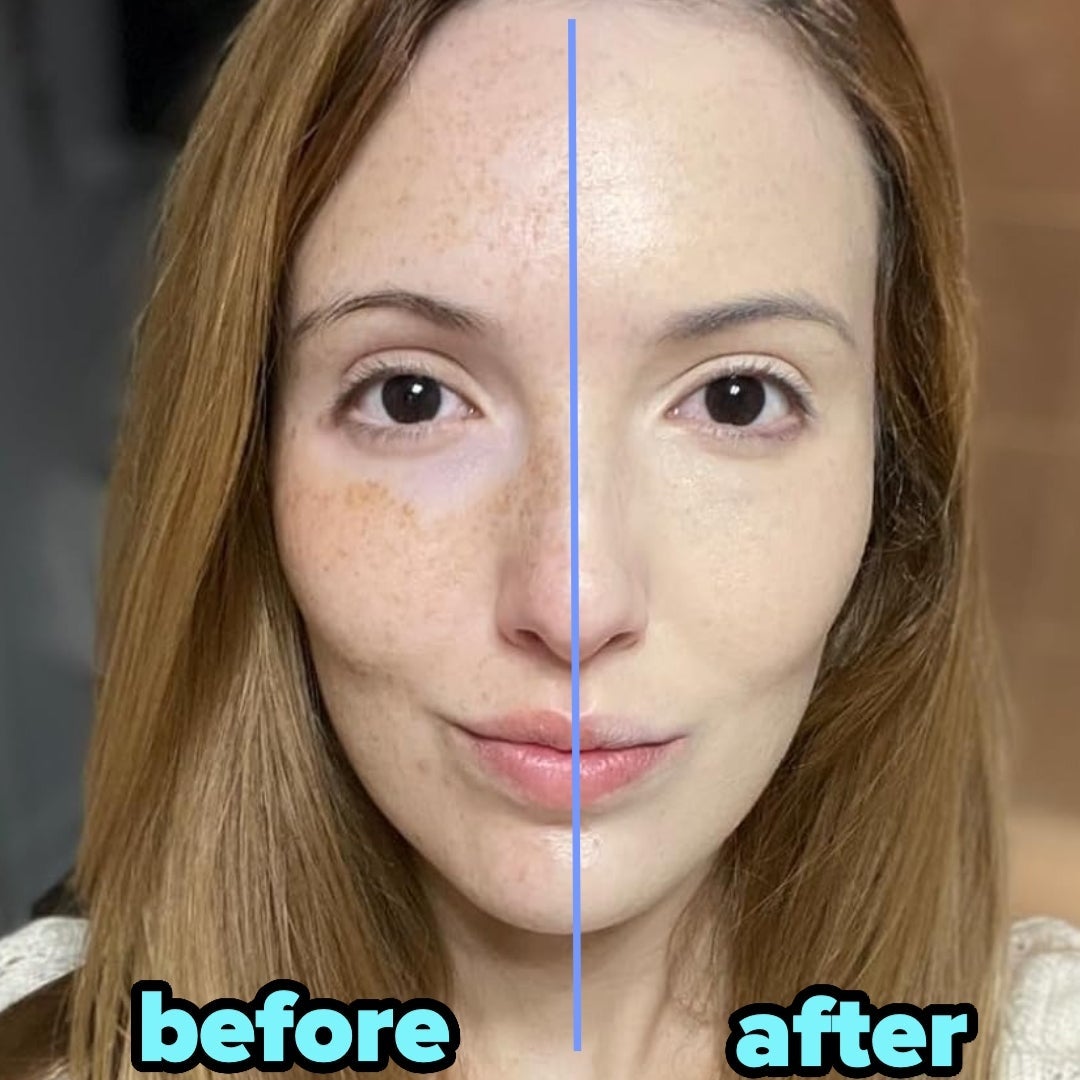 A reviewer showing skincare merchandise  results, with 1  broadside  of her look   featuring freckles and the different   with a smooth, wide   complexion