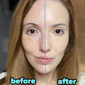 A reviewer showing skincare merchandise results, with 1 broadside of her look featuring freckles and the different with a smooth, wide complexion