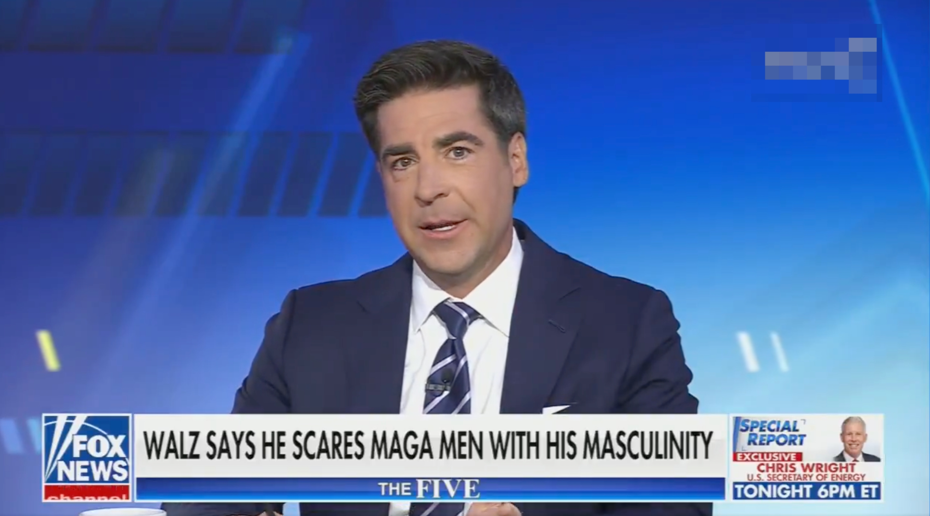 News anchor discusses Walz&#x27;s comment on masculinity; text on-screen reads &quot;WALZ SAYS HE SCARES MAGA MEN WITH HIS MASCULINITY.&quot;