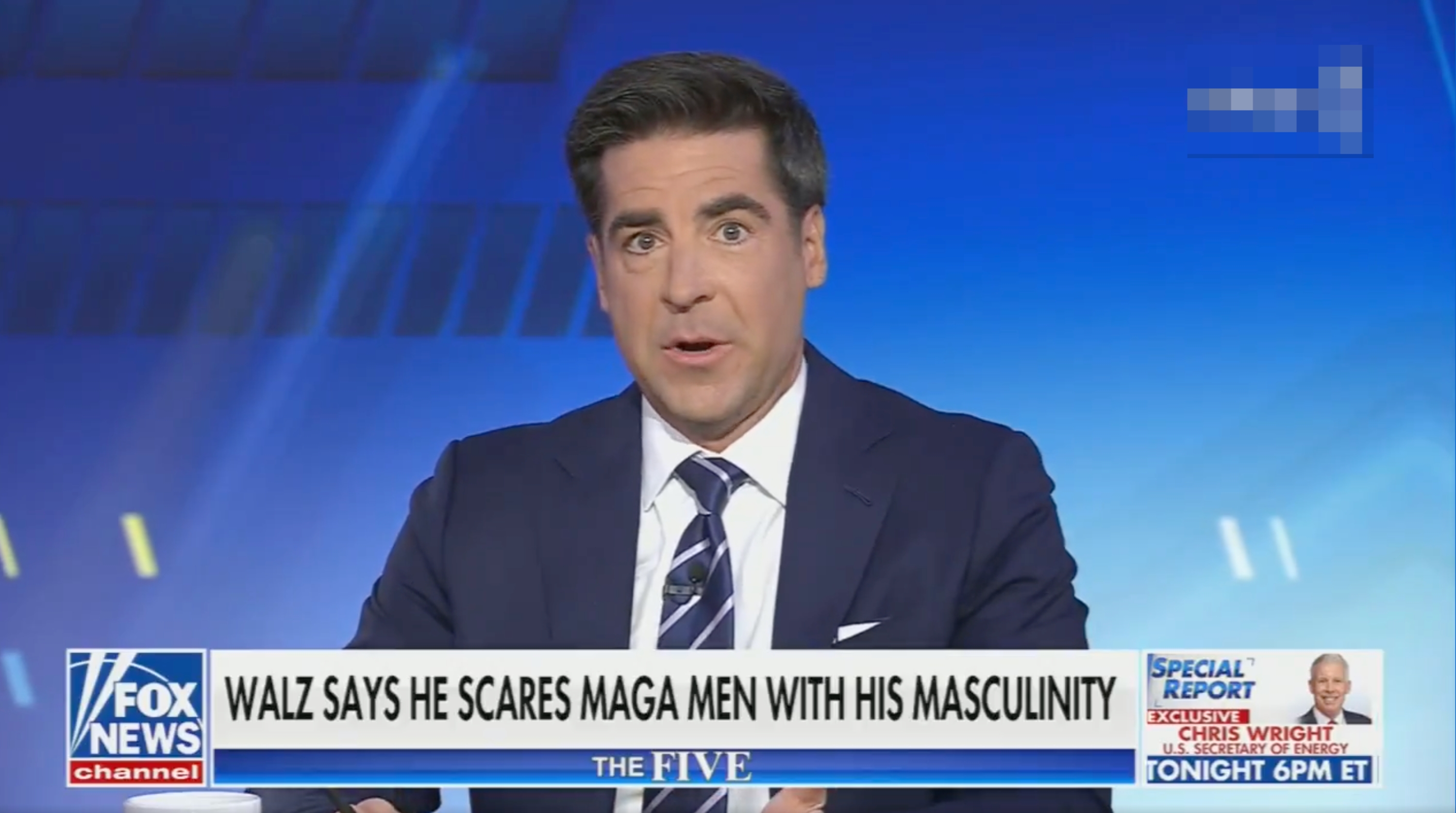 A news anchor in a suit discusses a segment headline: &quot;Walz says he scares MAGA men with his masculinity,&quot; on a Fox News program