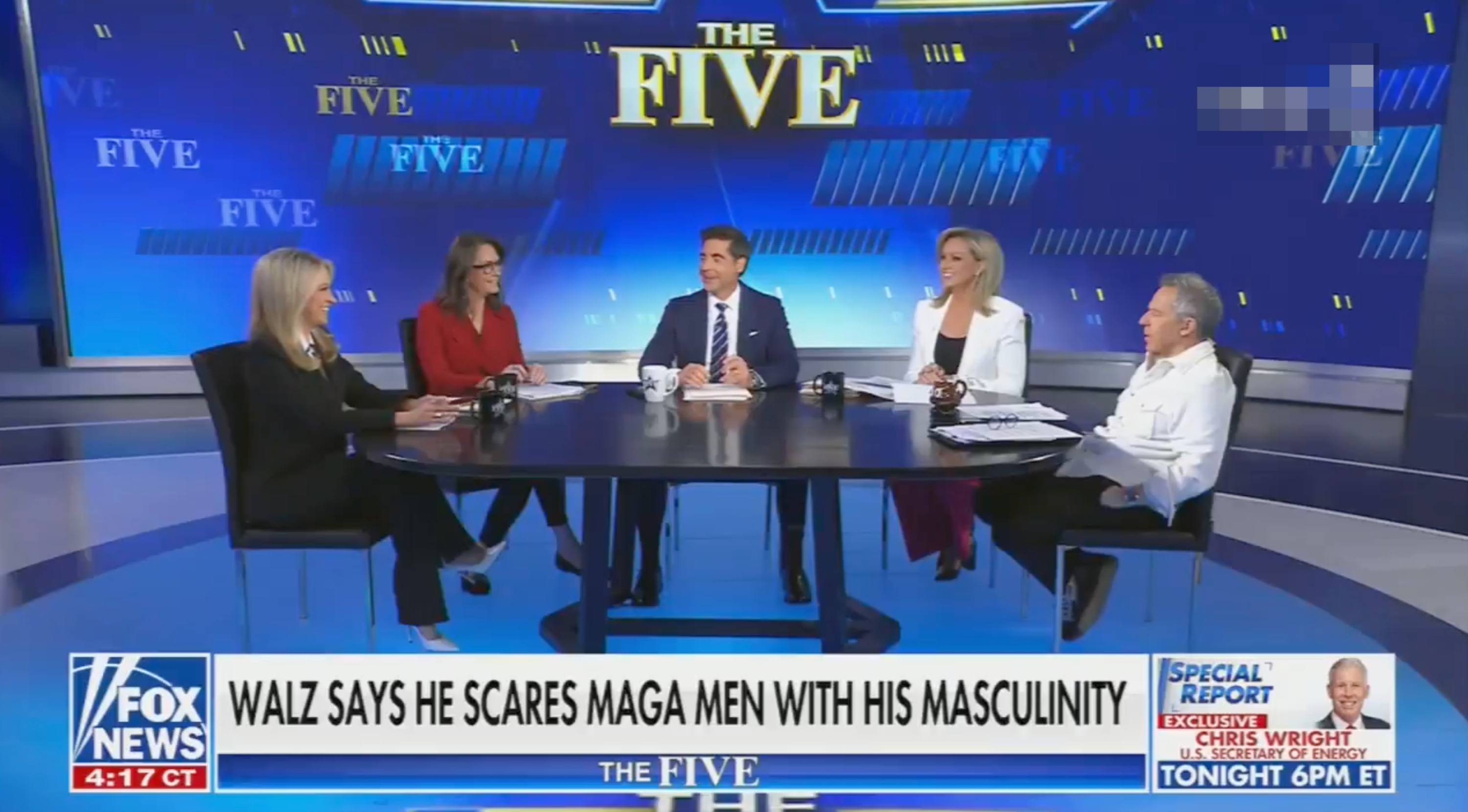 Panelists sit around a table discussing news on a TV show set titled &quot;The Five.&quot; A headline reads, &quot;Walz says he scares MAGA men with his masculinity.&quot;
