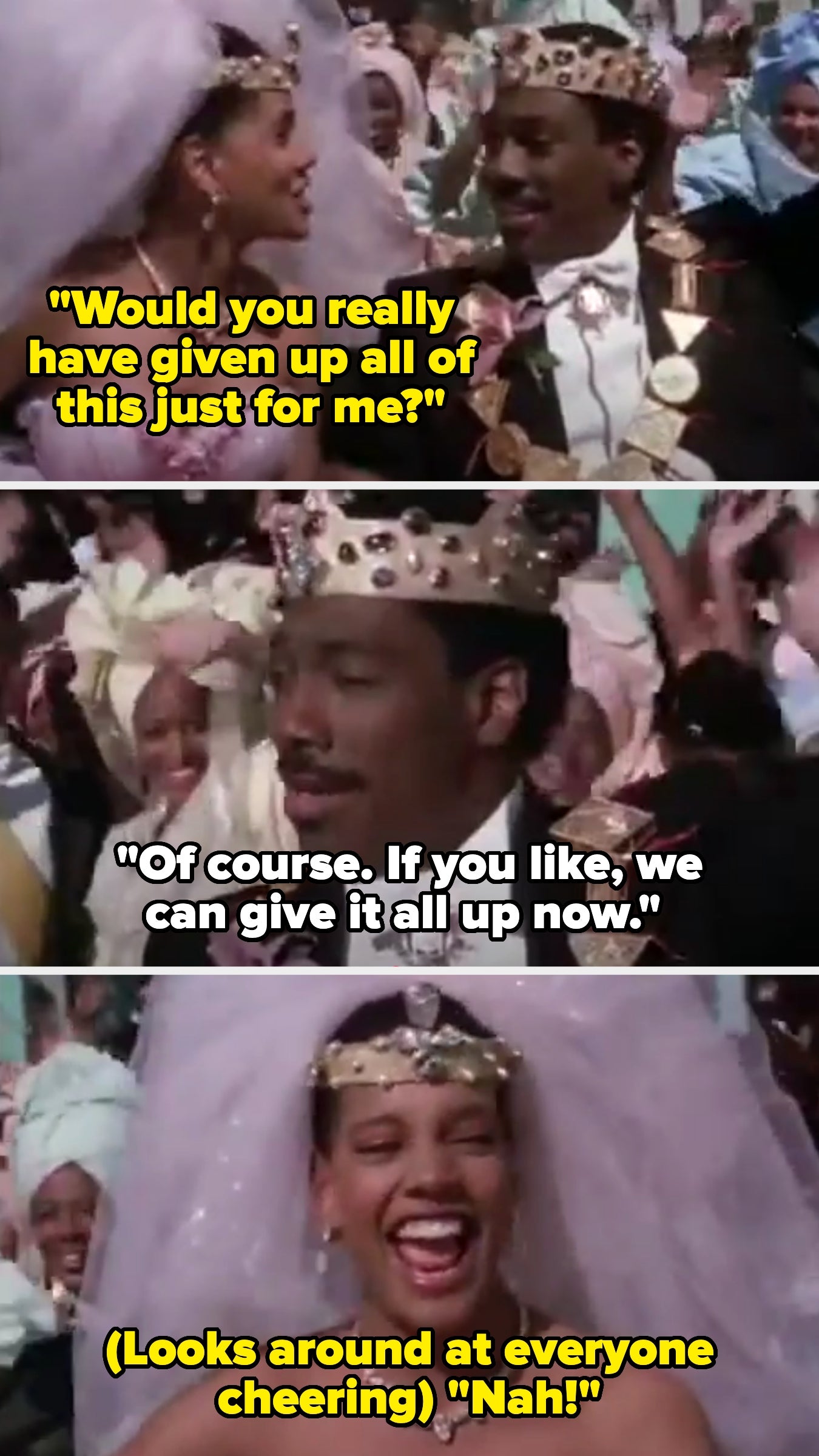 Three images show a royal couple in a crowd. The woman asks about giving up wealth; they joke about doing it, ending with laughter and cheering