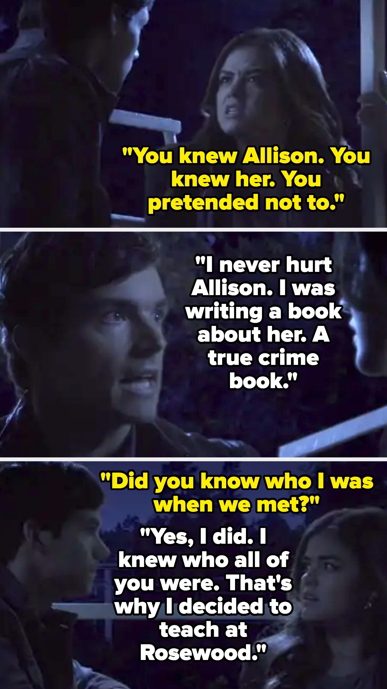 A woman accuses a man of pretending, he reveals he's writing a true crime book, and admits knowing her identity when they met
