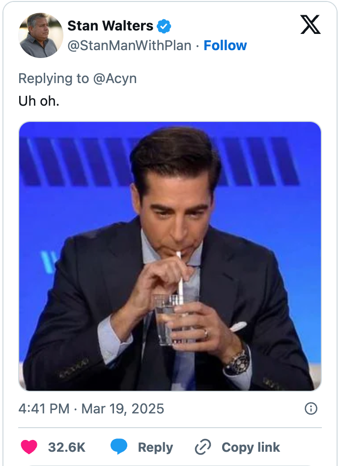 Man in a suit drinks from a straw while seated on a set, featured in a tweet captioned &quot;Uh oh,&quot; with interaction stats displayed