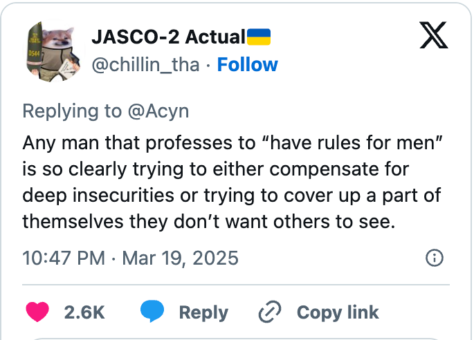 Tweet criticizing men who claim to have rules for other men, suggesting insecurity or hiding true self