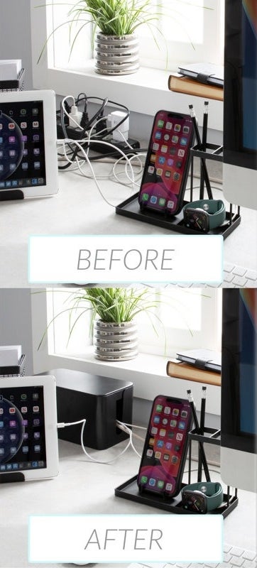 Split image showing a cluttered desk setup before and a tidy, organized desk with a charging station after