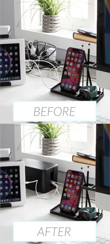 Split image showing a cluttered desk setup before and a tidy, organized desk with a charging station after