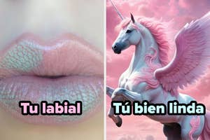 Labios con brillo perlado a la izquierda. Mujer vestida como sirena con accesorios fantasía a la derecha. Texto humorístico comparativo