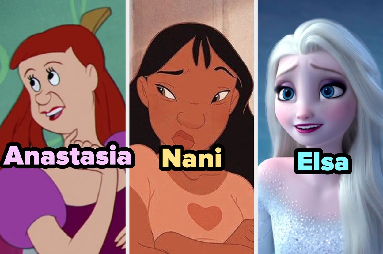 Tres personajes animados: Anastasia sonriendo, Nani con expresión pensativa y Elsa mirando hacia un lado. Sus nombres están en texto sobrepuesto