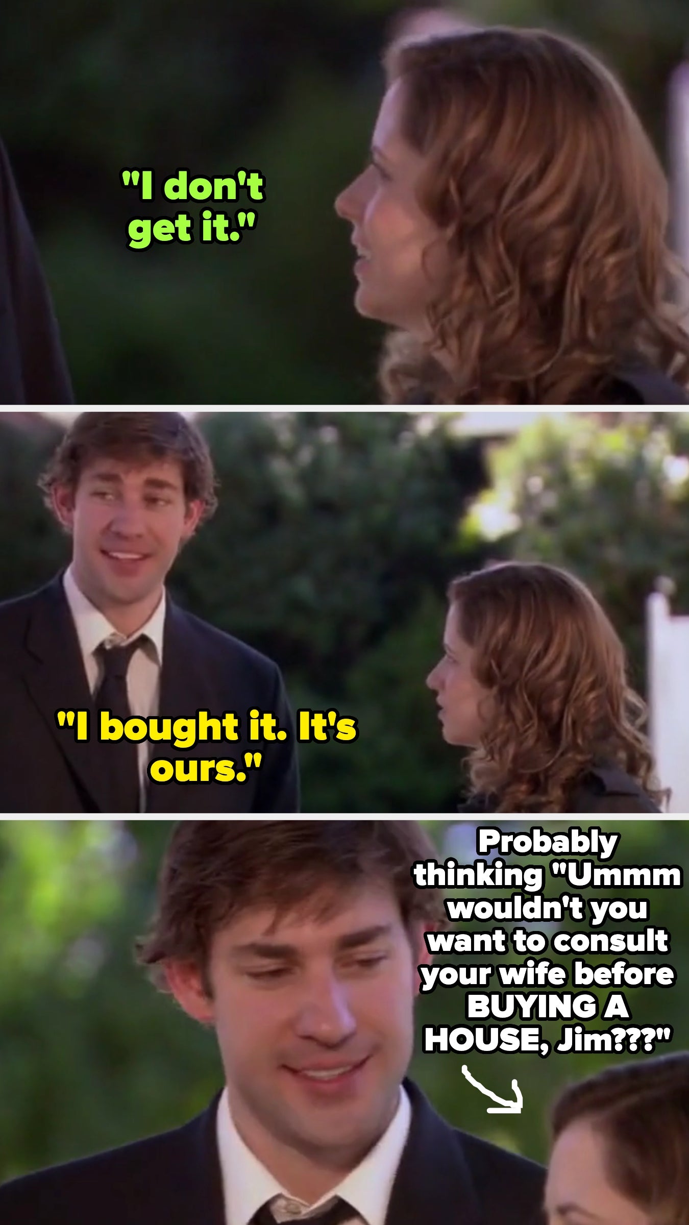 A man shares news about buying a house with a surprised woman. Caption comments on needing mutual decisions in marriage