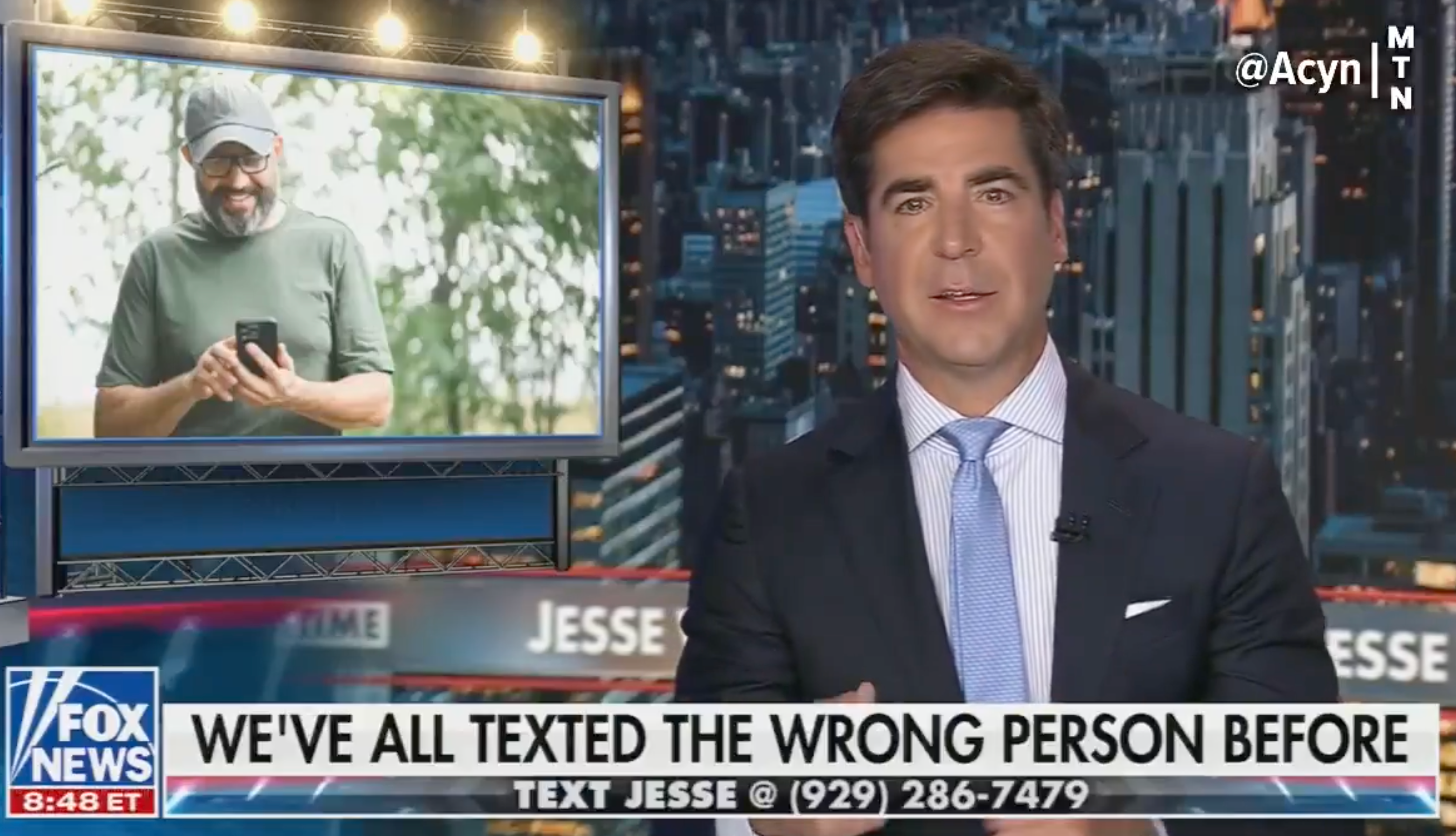 A TV news segment shows a host discussing texting mistakes, with a background screen featuring a man looking at his phone