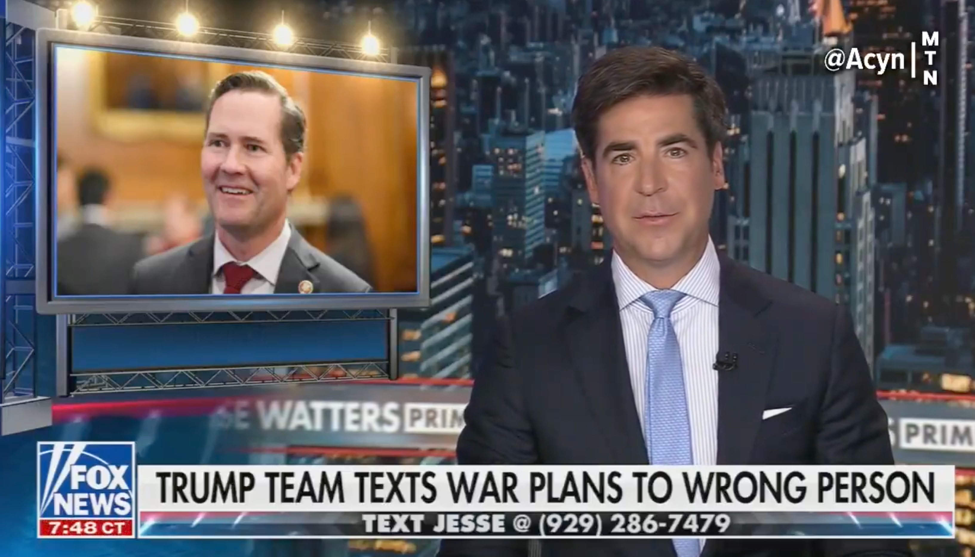 News broadcast showing a TV host with an on-screen graphic of a smiling man in a suit; headline: &quot;Trump Team Texts War Plans to Wrong Person.&quot;