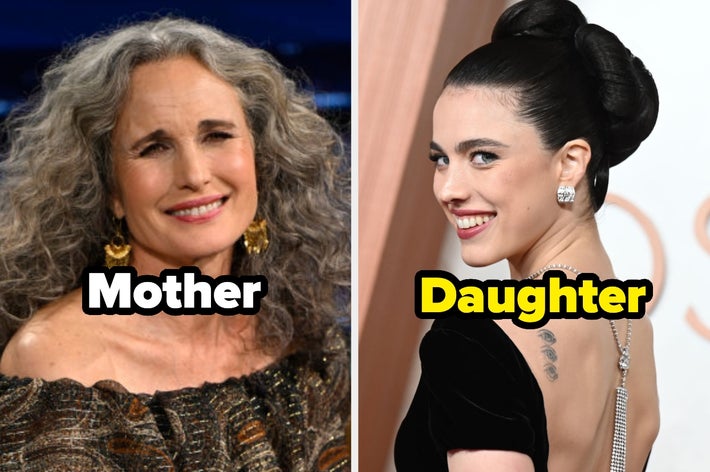 Two women with &ldquo;Mother&rdquo; and &ldquo;Daughter&rdquo; labels; andie macdowell and Margaret qualley; mother in off-the-shoulder dress, daughter with an elegant hairstyle wearing a gown