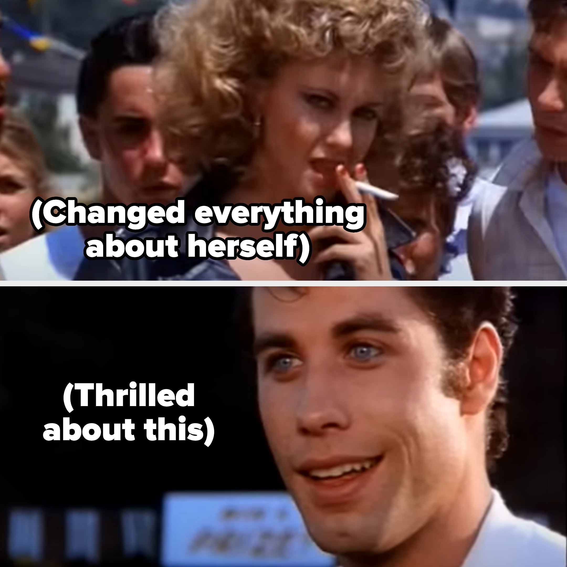 Woman smoking with text "Changed everything about herself;" man smiling with text "Thrilled about this."