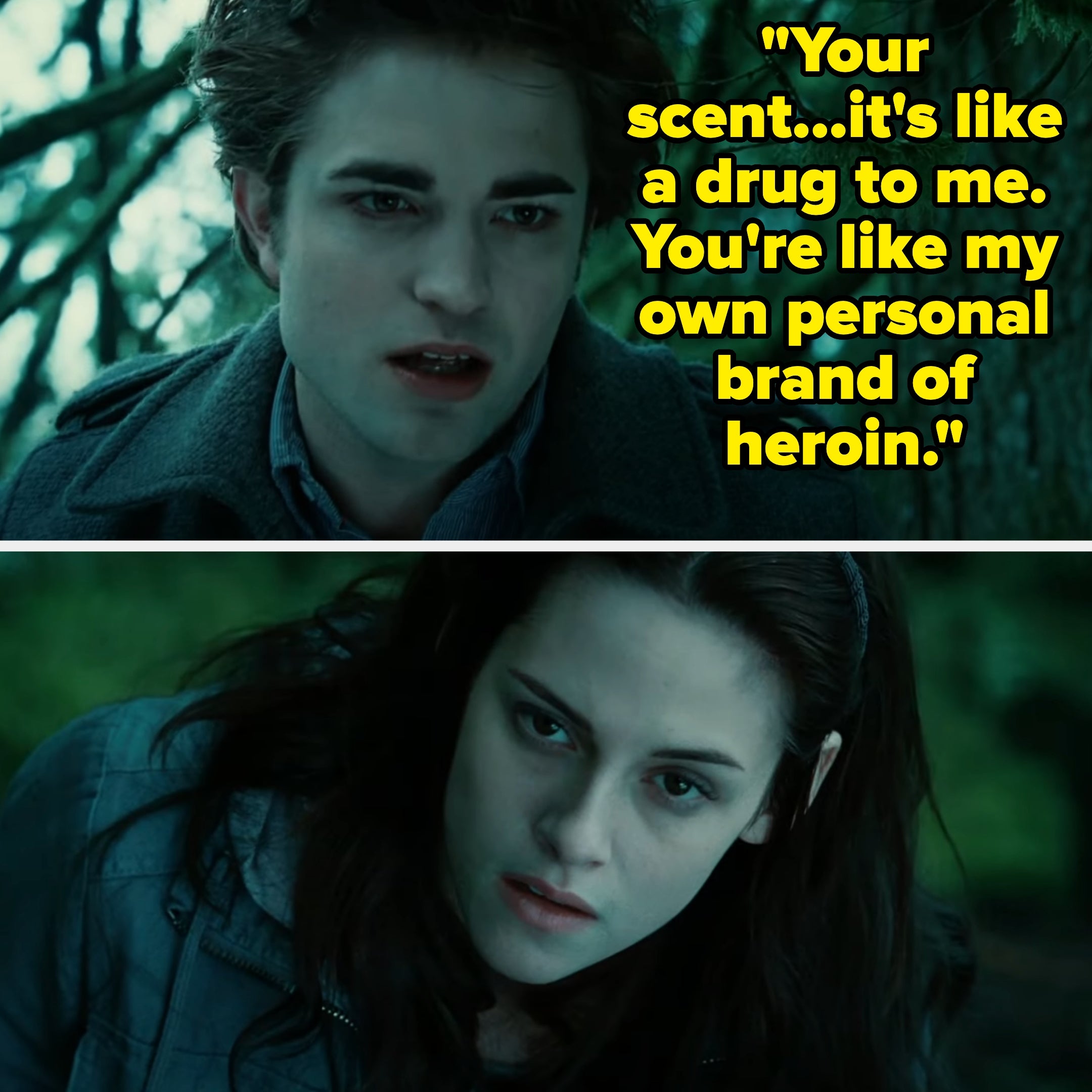 Split image from a vampire-themed movie; the top shows a male vampire speaking, the bottom shows a female listening intently