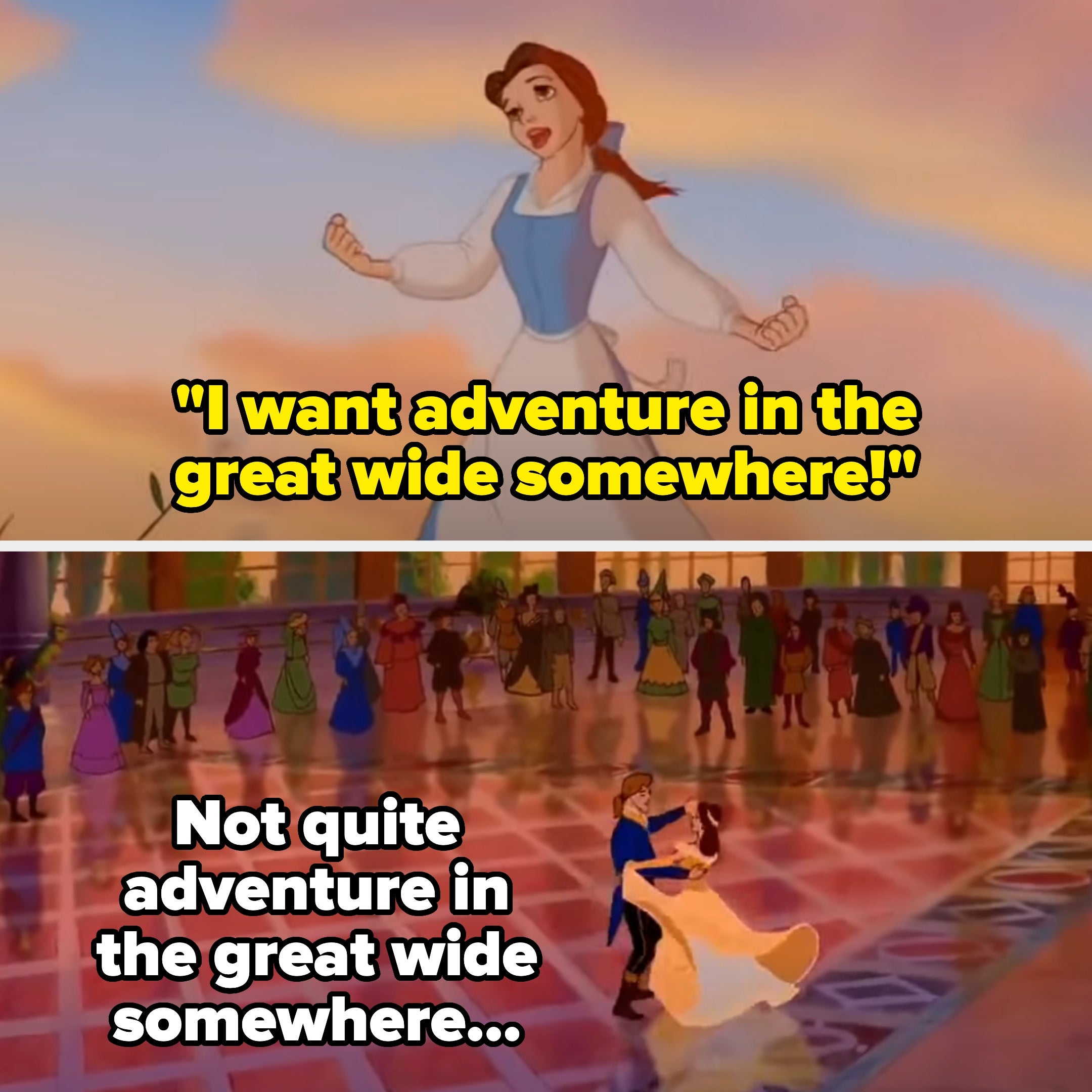 Belle dances in a grand ballroom, contrasting with her earlier wish