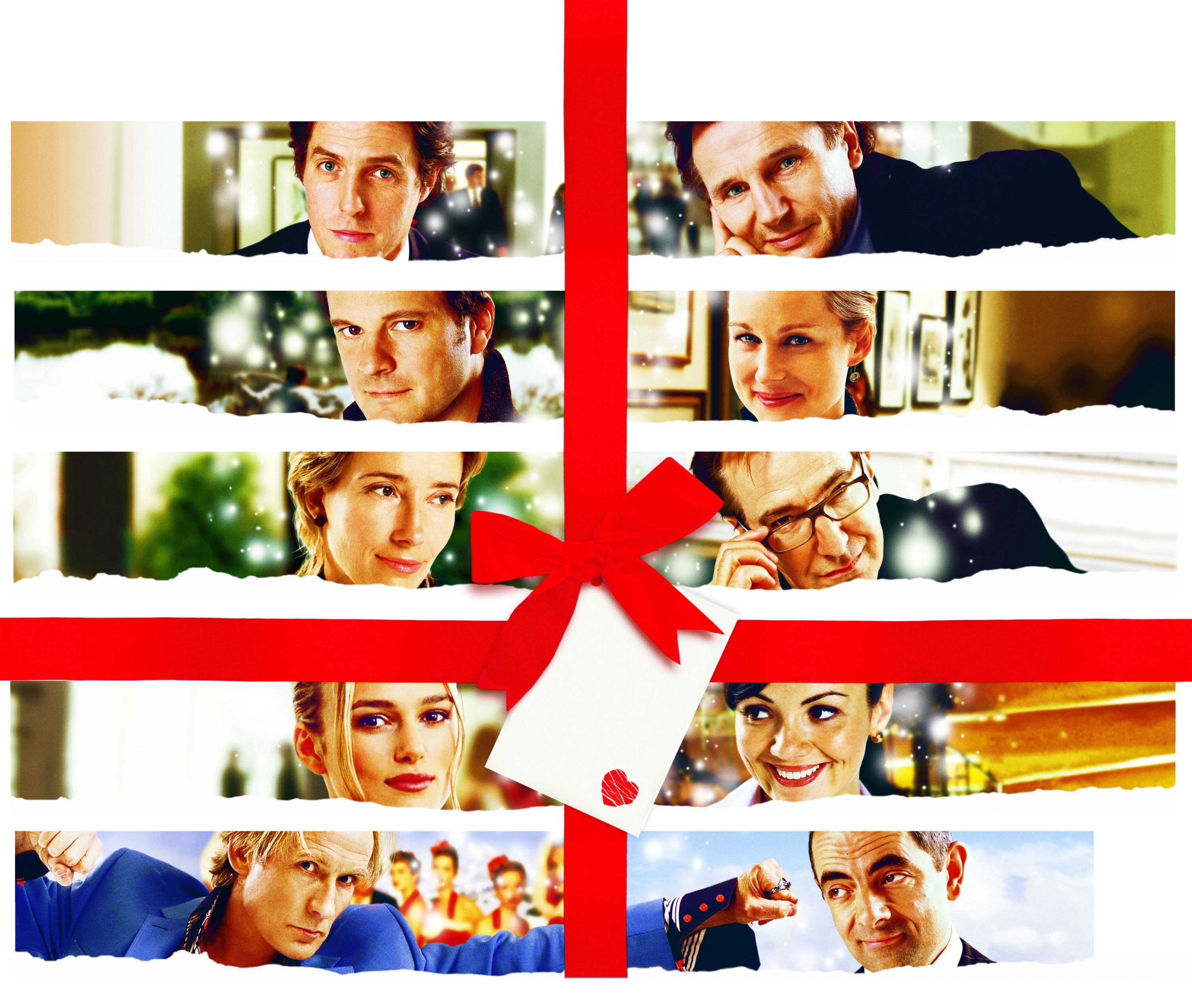 Collage of characters from a movie, each with different expressions, arranged like a gift with a red ribbon
