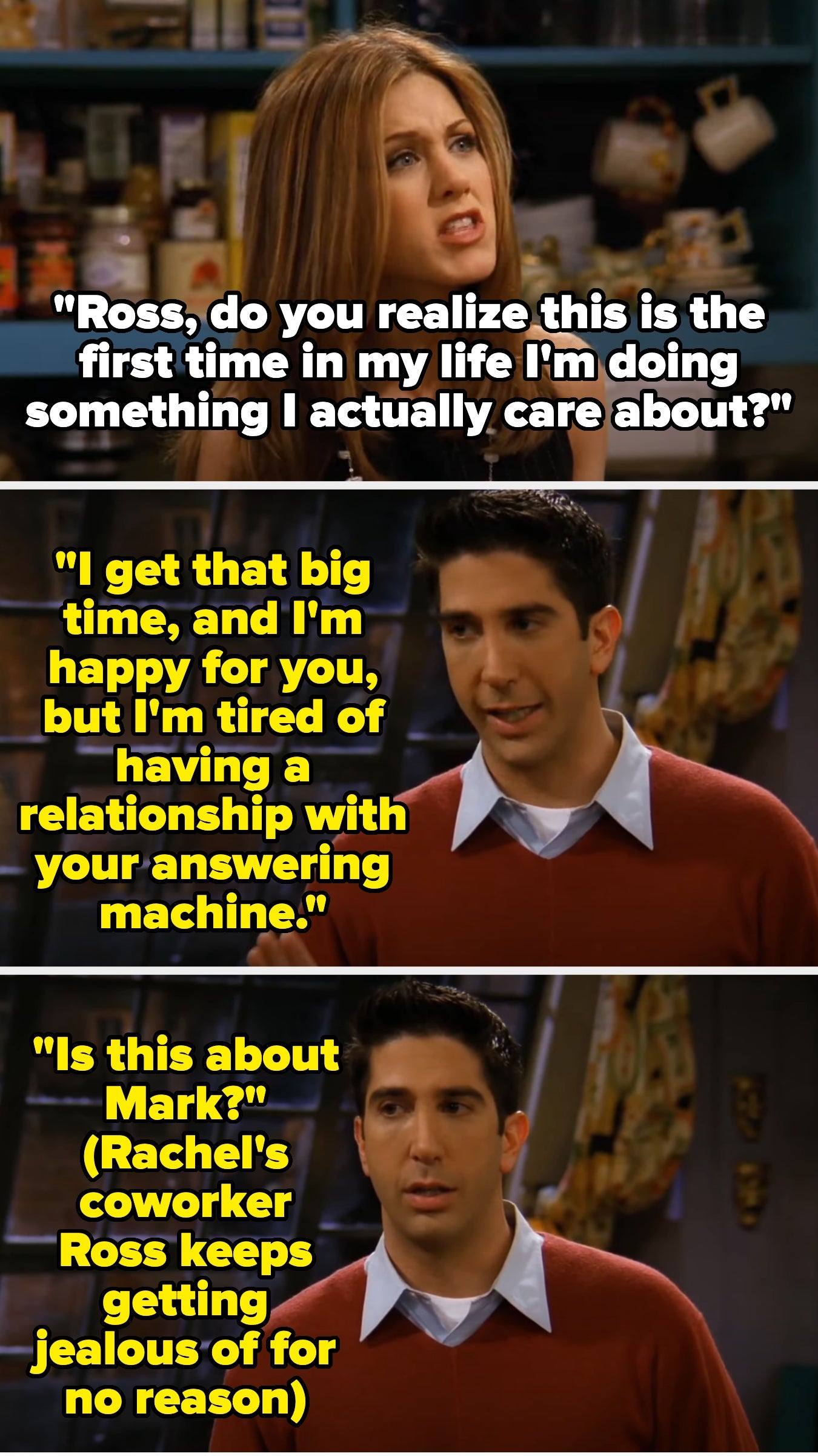 A character confronts another about jealousy, with humorous text about relationships and answering machine jokes