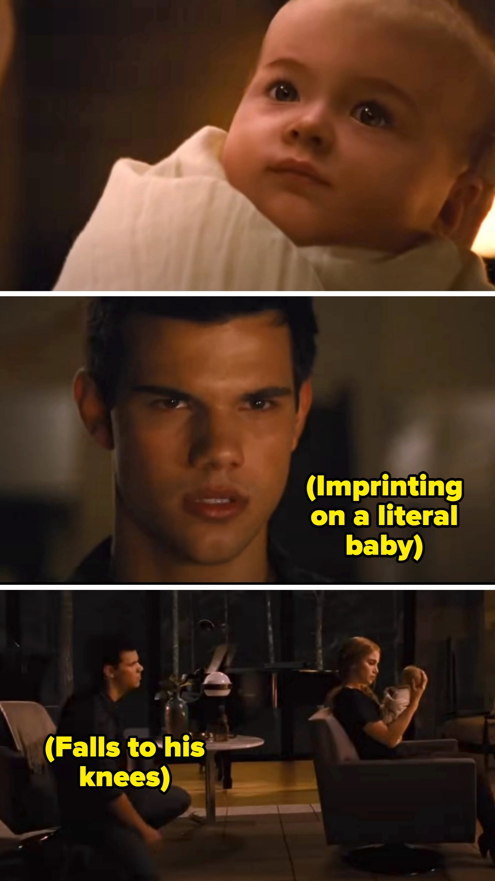 TV scene with a baby being held, a young man looking concerned, and a couple sitting in a modern living room with baby