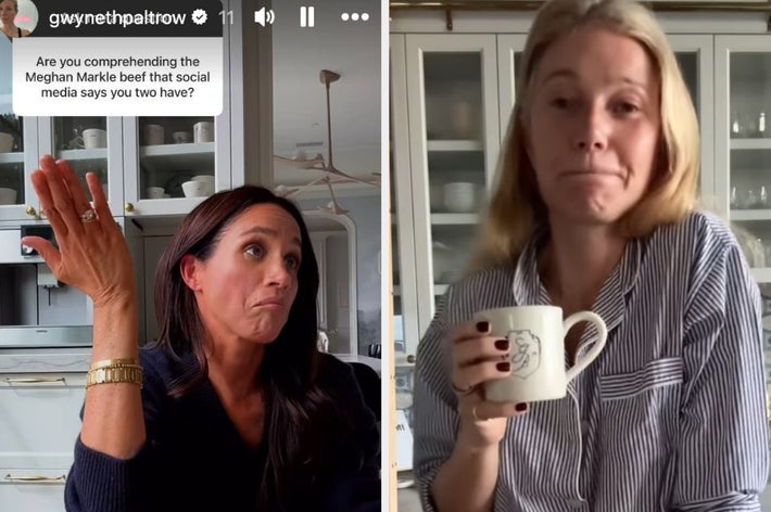 Two women sit indoors in a split screen. One raises a hand questioning, while the other holds a mug. A question about social media is displayed