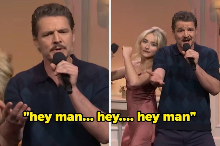 A man performs on stage with a microphone, wearing casual attire. A woman in a dress dances beside him. Captions read: &ldquo;hey man&hellip; hey&hellip; hey man&rdquo;