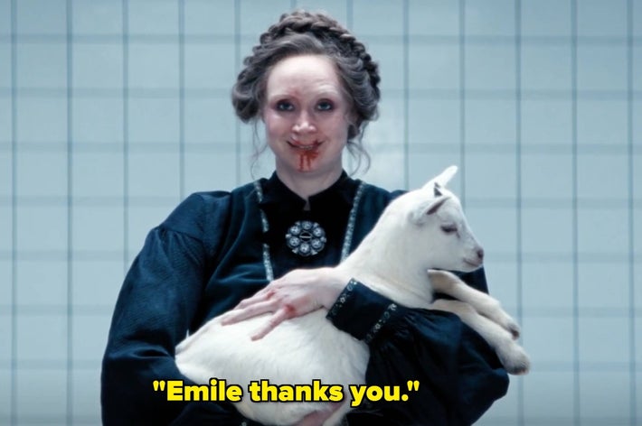 Character holding a goat with a slight smile, text reads, "Emile thanks you."