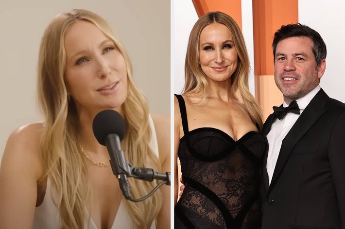 Left: Woman speaking into a microphone. Right: Woman in a strapless dress with sheer panels and man in a tuxedo smiling on a formal event carpet